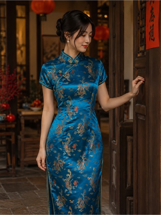 Chinese Laundry Dresses & Skirts - Blue Traditional Chinese Cheongsam Dress Kimono Dragon and Phoenix